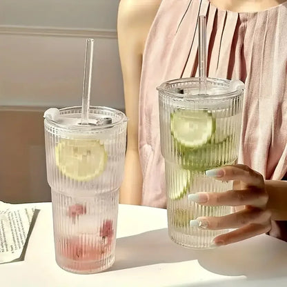 1/2pcs 600ml Stripe Glasbecher mit Deckel und Stroh – Transparente Saft, Wasser und Iced Coffee Trinkglas