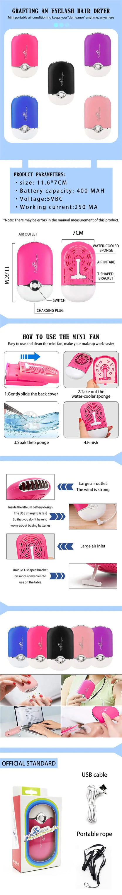 MASSA USB Mini Wimpern Fan – Schnelltrocknende Lash Kleber Trockner, Wimpern Erweiterung Werkzeug für professionelle Make-up