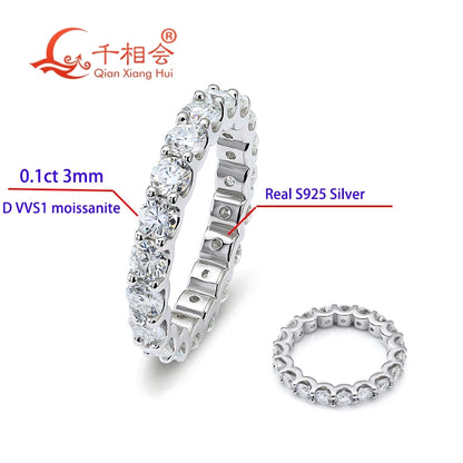 0,1ct 3mm D VVS Moissanite Full Eternity Band Ring – 925 Sterling Silber Engagement & Party Schmuck für Frauen