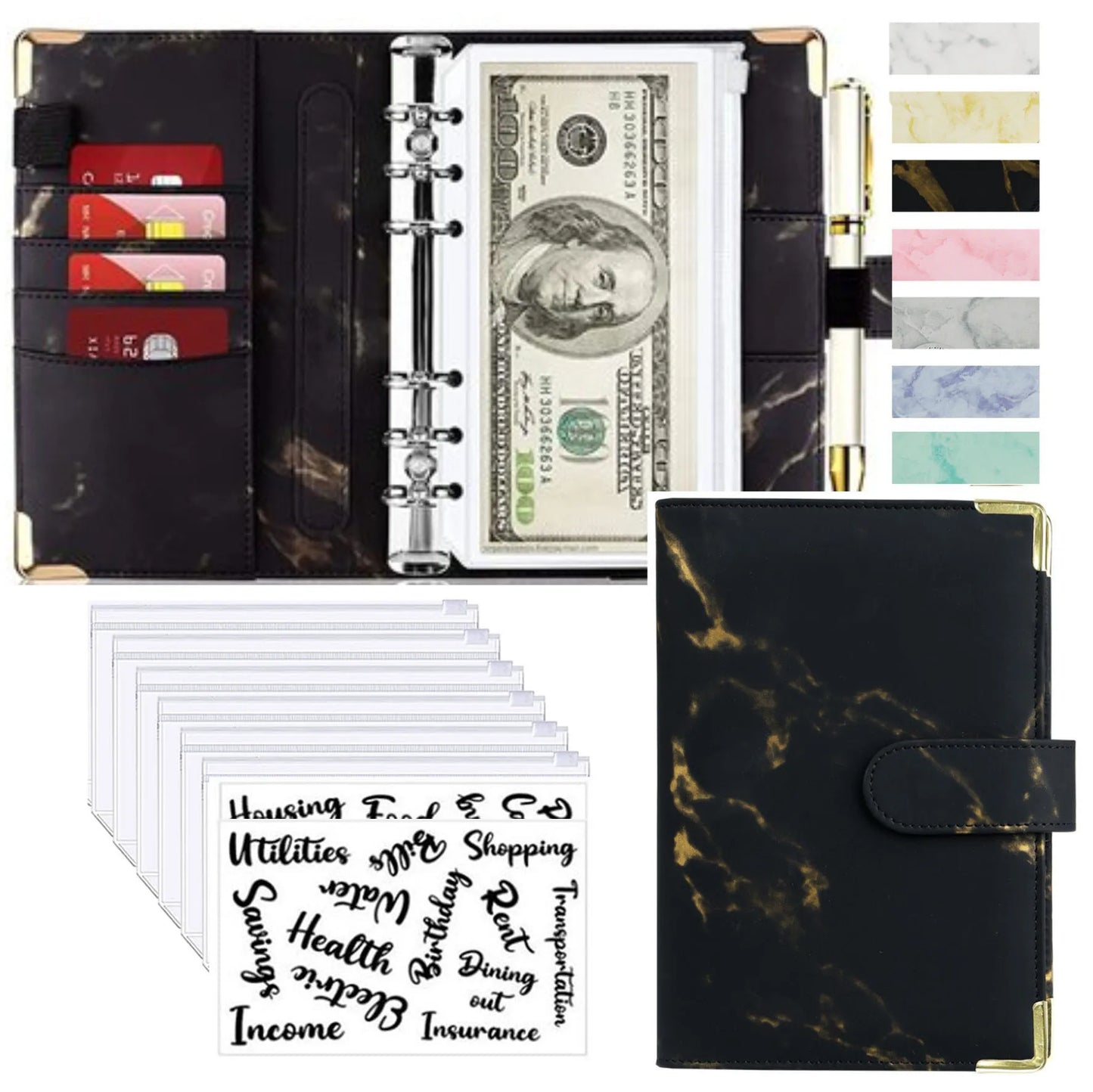 A6 PU Leather Budget Planner – Marble Notebook & Money Saving Organizer für Büro, Schule & Personal Finance