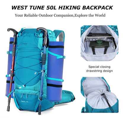 WESTTUNE 50L Wasserdichter Wanderrucksack mit Regenschutz – Multifunktionale Outdoor Travel & Mountaineering Tasche